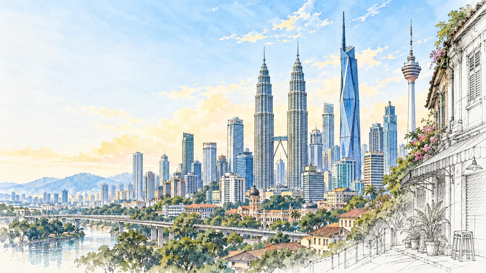 Watercolour of the Kuala Lumpur skyline, from the Petronas Twin Towers and Merdeka 118 to a heritage shophouse in the foreground