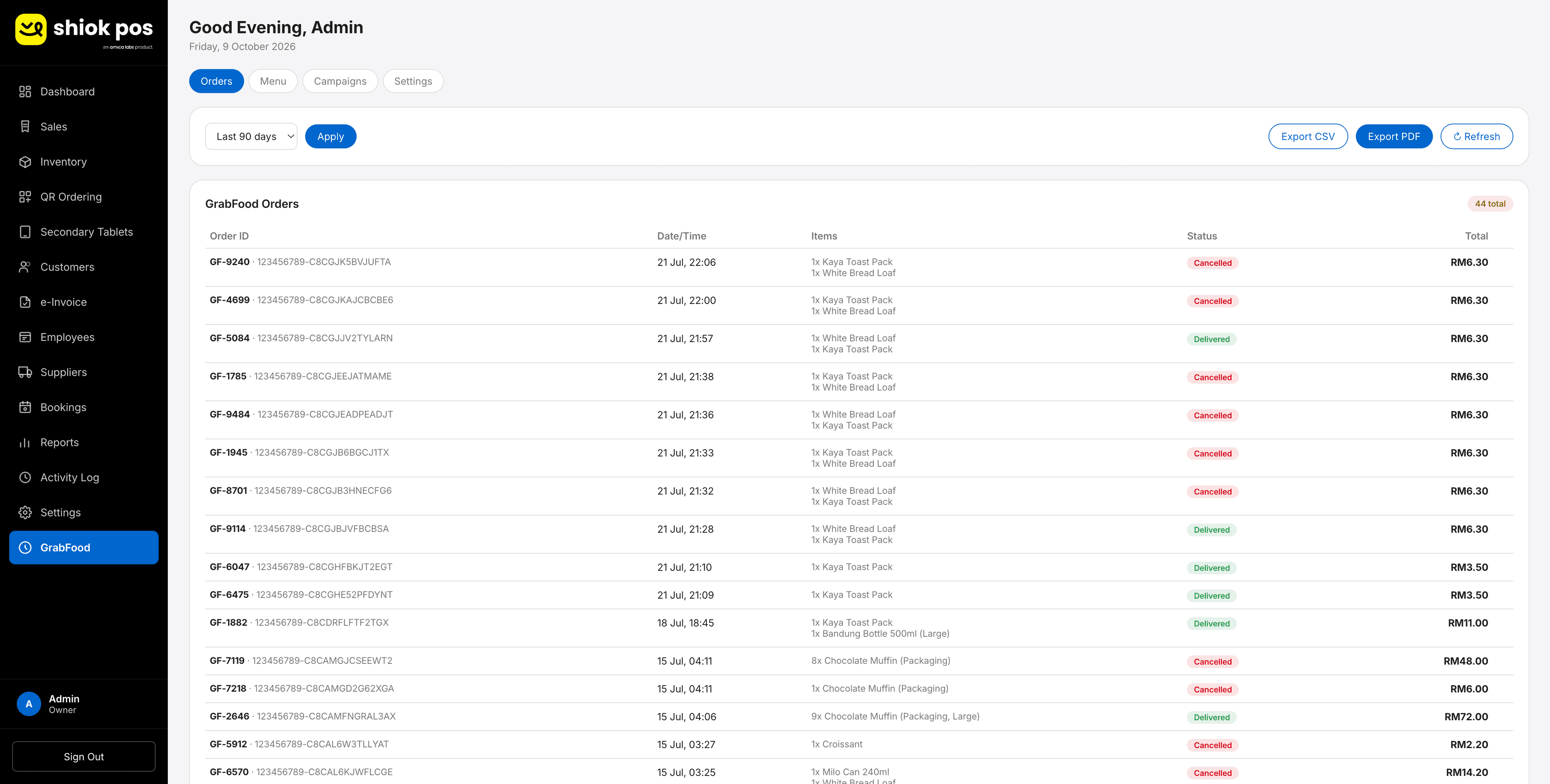 Shiok POS GrabFood orders list with order ID, date and time, items, status (delivered or cancelled) and total, and buttons to export as CSV or PDF.