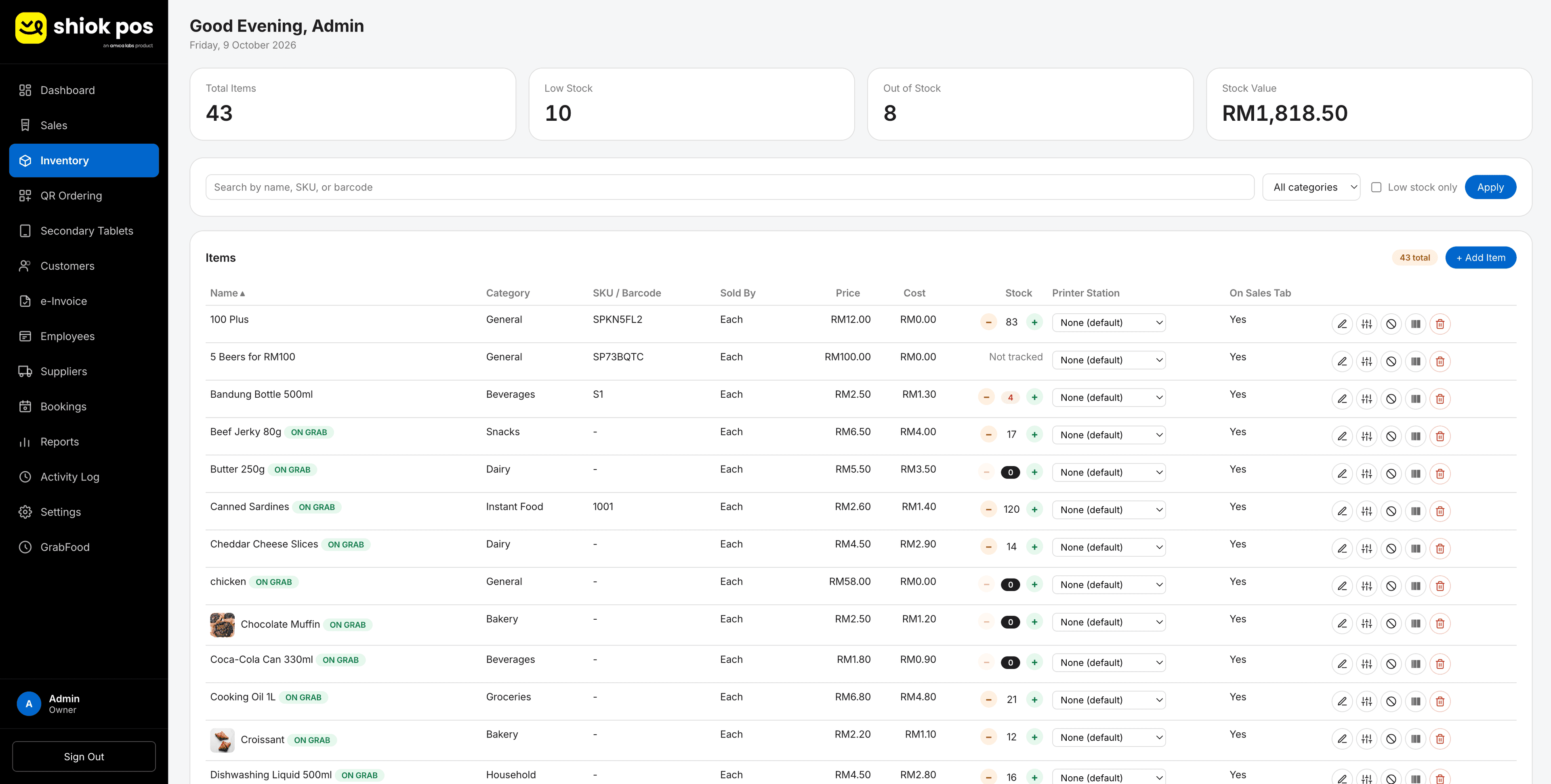 Shiok POS inventory screen with sample data: cards for total items, low stock, out of stock and stock value, and a list of items with category, price, cost, stock counts and which items are on Grab.