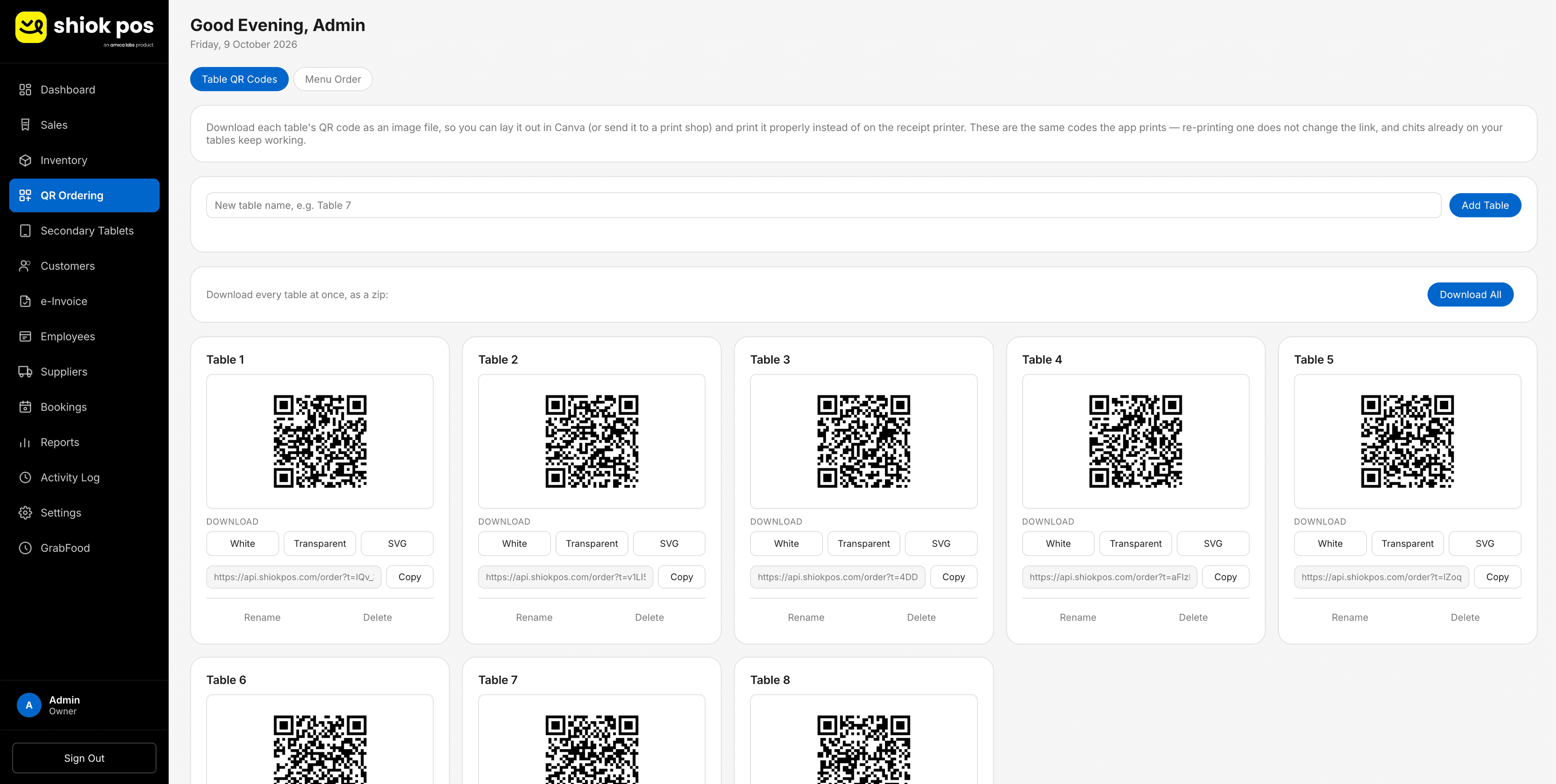 Shiok POS QR ordering screen with a card for each table, download buttons for white, transparent and SVG versions, and options to add, rename or delete a table. The QR codes are demo codes.